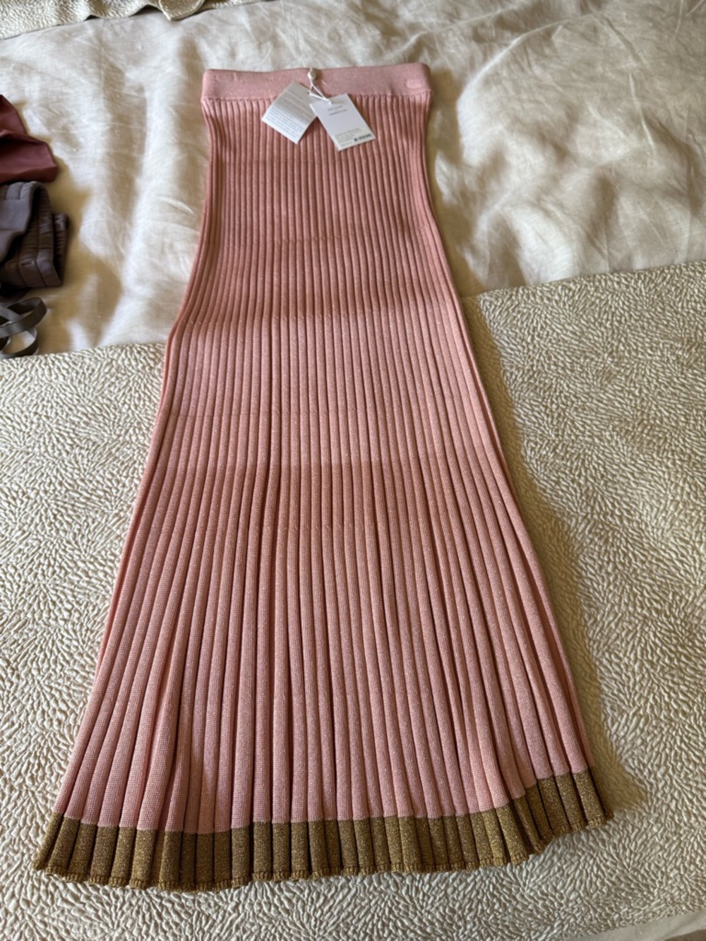 Zimmerman Pleated Ribbed Knit Midi Skirt in Blush with Metallic Hem
